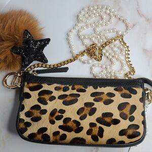 Leopard print calfskin and leather pochette with removable gold chain